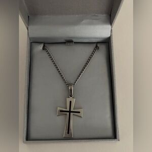 Zales Men's Stainless Steel Cross Necklace With Black Resin inlay SKU 8